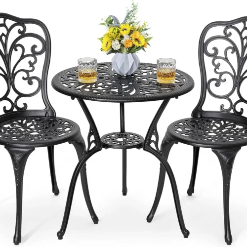 3 Piece Bistro Set Outdoor, All Weather Cast Aluminum Patio Bistro Sets Patio Table and Chairs Set of 2 with Umbrella Hole for Y