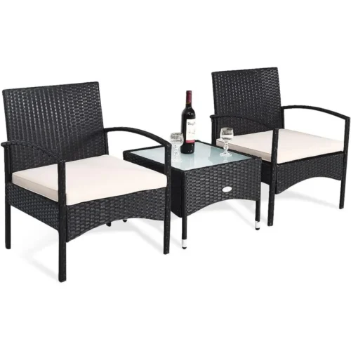 3-Piece Outdoor Wicker Patio Set with Glass Coffee Table, 2 Chairs, and Cushions, White