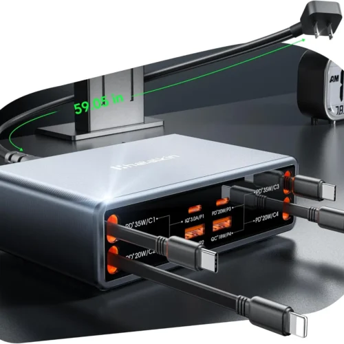 105W GaN USB-C Fast Charging Hub with 4 Retractable Cables, 8-in-1 Station for iPhone, Galaxy, iPad