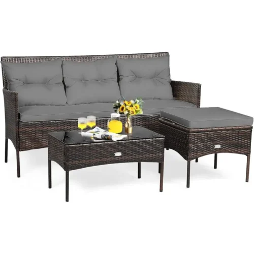 3-Piece Outdoor Rattan Patio Furniture Set with Glass Coffee Table and Cushions