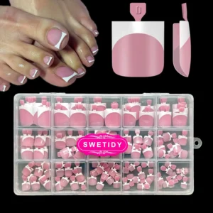 French Tips Toe Press On Nails, 150pcs Square Soft Gel Thick False Toenail Extension in Berry Pink for DIY