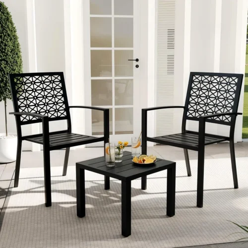3 Piece Outdoor Bistro Set Stackable Patio Furniture Conversation Set with 2 Chairs & 1 Table for Balcony Deck Porch Garden