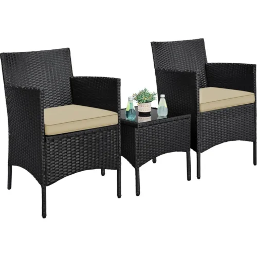 3 Pieces Patio Conversation Set, Outdoor Rattan Bistro Furniture, 2 Chairs with Cushions & 1 Side Table, Black/Khaki