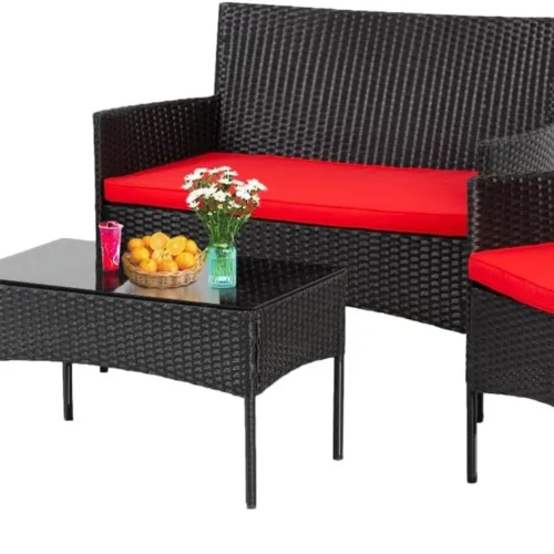 4-Piece Weatherproof Patio Furniture Set with Cushions, Red Rattan Chairs & Glass Table for Outdoor Spaces