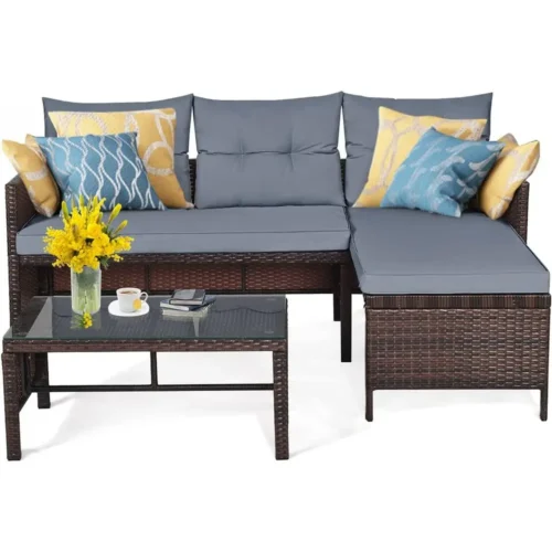 3-Piece Outdoor Patio Sectional Sofa Set with Cushions, Wicker Rattan, Steel Frame, Suitable for Garden, Lawn, Pool, and Backyar