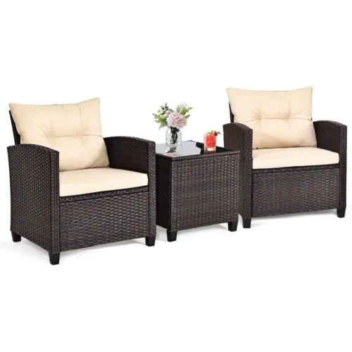 3-Piece Outdoor Wicker Patio Furniture Set with Cushions, Beige - Ideal for Balcony, Garden, Deck, or Poolside