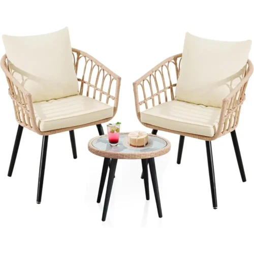 All-Weather Wicker 3-Piece Patio Bistro Set with Cushions for Outdoor Conversation, Ideal for Garden, Balcony, and Porch