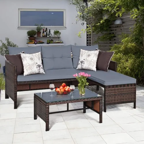 Gray 3-Piece Rattan Outdoor Sectional Sofa Set with Chaise Lounge for Patio, Garden, and Poolside