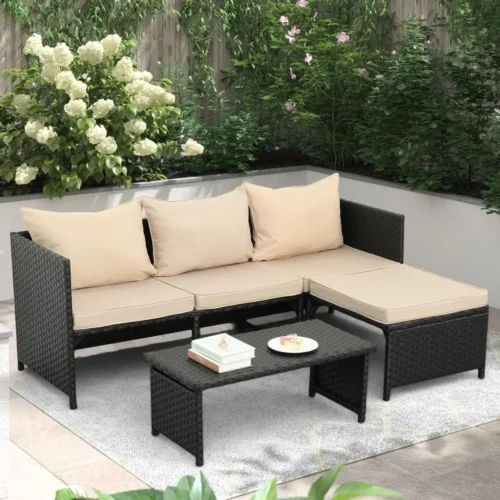 Khaki Cushioned Outdoor PE Rattan 3-Piece Patio Sofa Set with Loveseat and Sectional