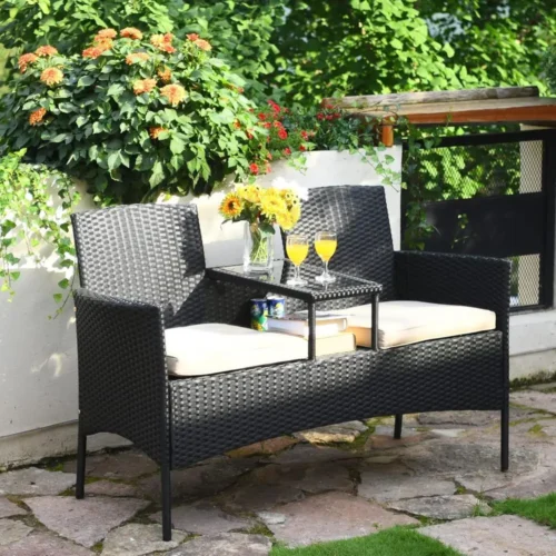 Beige Outdoor Patio Love Seat Set with Cushions and Built-in Coffee Table, Rattan Sofa for Garden and Backyard Conversations