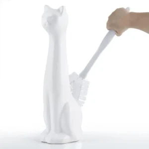 White Cat Toilet Brush Holder and Brush Set, 2-Piece Bathroom Cleaning Accessory