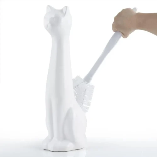 White Cat Toilet Brush Holder and Brush Set, 2-Piece Bathroom Cleaning Accessory