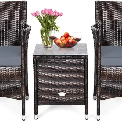 Outdoor 3-Piece Patio Furniture Set: Wicker Rattan Conversation Chairs with Cushions and Coffee Table for Garden, Lawn, Backyard