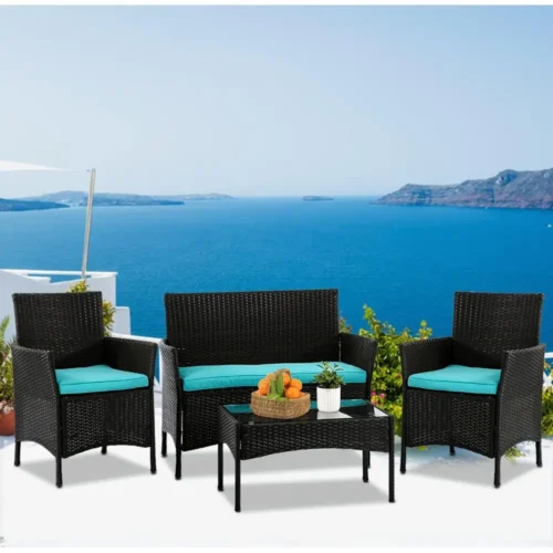 4-Piece Wicker Patio Furniture Set with Cushions, Blue Outdoor Rattan Chairs and Table for Balcony or Porch