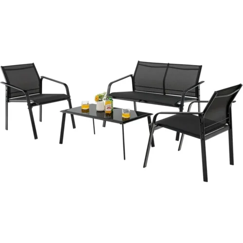 Black 4-Piece Outdoor Patio Furniture Set with Tempered Glass Coffee Table and Fabric Bistro Chairs for Garden, Poolside, and Ba